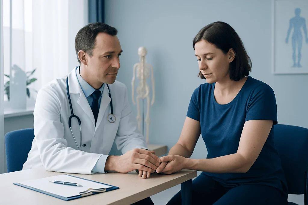 Doctor examining patient's wrist for nerve entrapment symptoms.