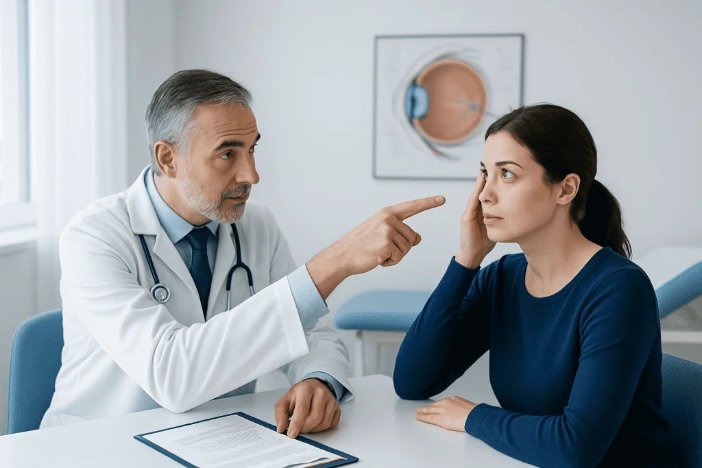 Doctor consulting with a patient about eye movement issues in a clinic.