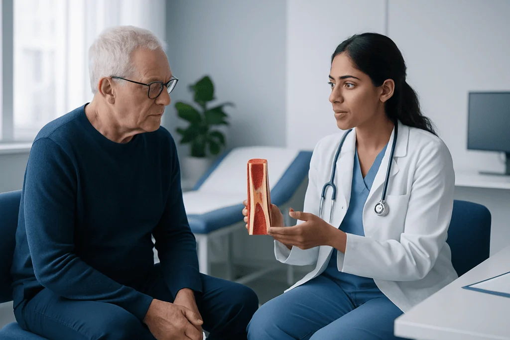 Doctor explaining coronary artery model to elderly patient in clinic.