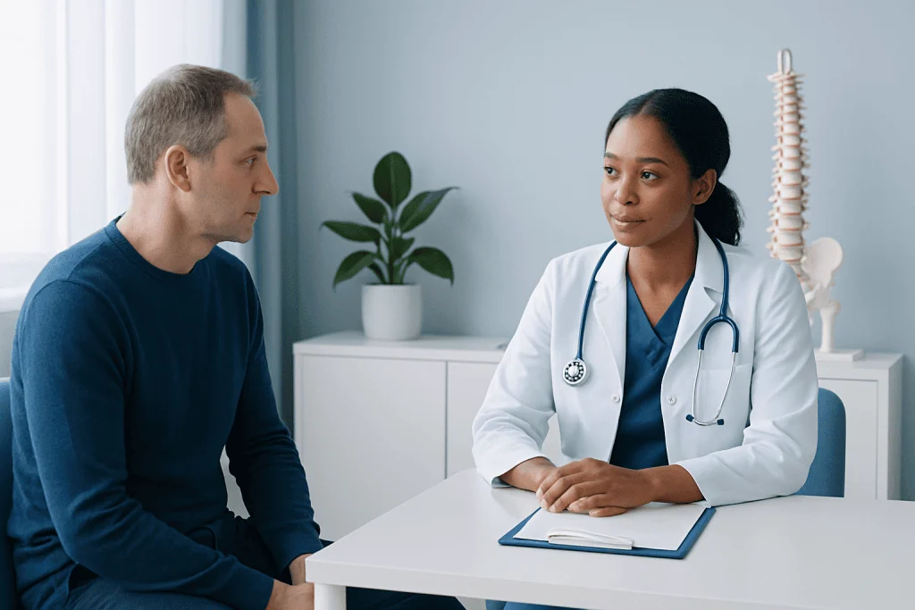 Doctor consulting patient in a medical office with spine model in background.