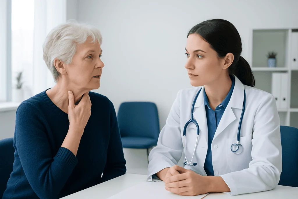Doctor consulting with elderly woman about health concerns in a medical office.