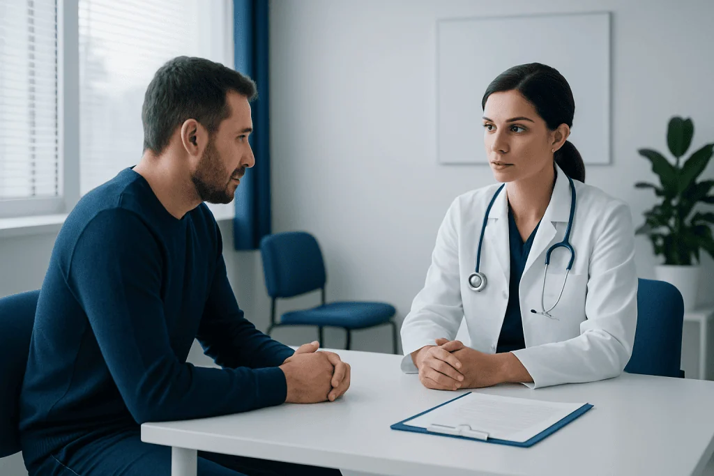 Doctor consulting with patient in a medical office setting.