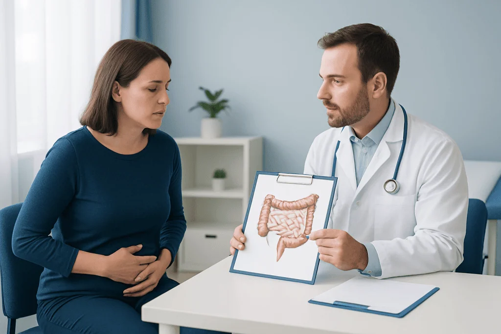 Doctor explaining intestinal health to a patient with a diagram of the digestive system.