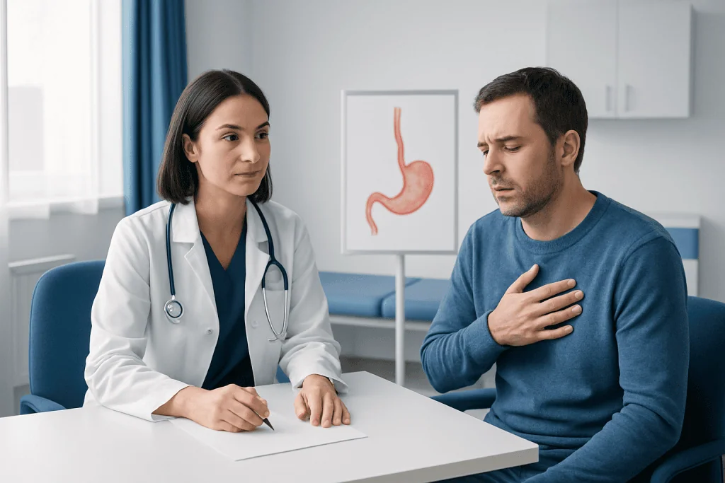 Doctor consulting patient about achalasia symptoms in a medical office.
