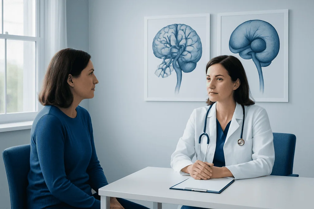 Doctor discussing brain conditions with patient in a medical office.