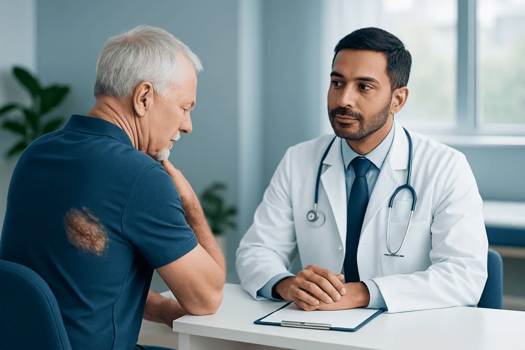 Doctor consulting with an elderly patient about nerve pain and shingles symptoms.
