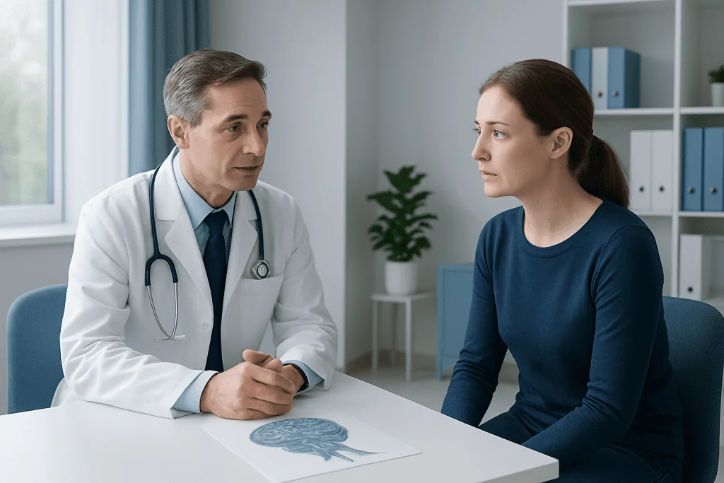 Doctor consulting with a patient about neurological health in a modern clinic.