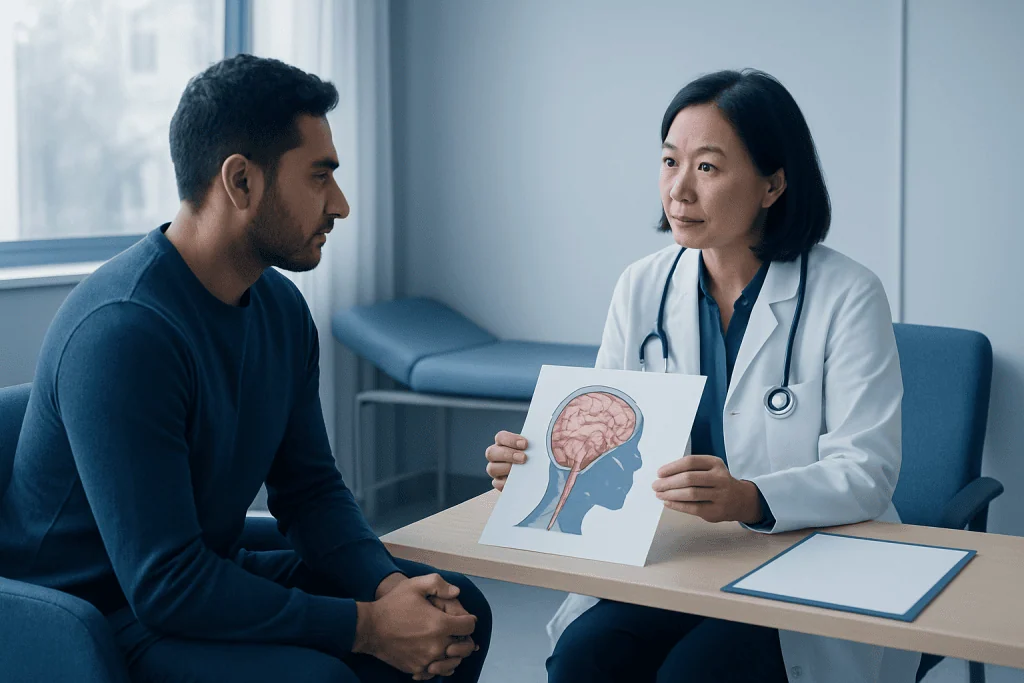Doctor explaining brain scan to patient in a medical consultation room.