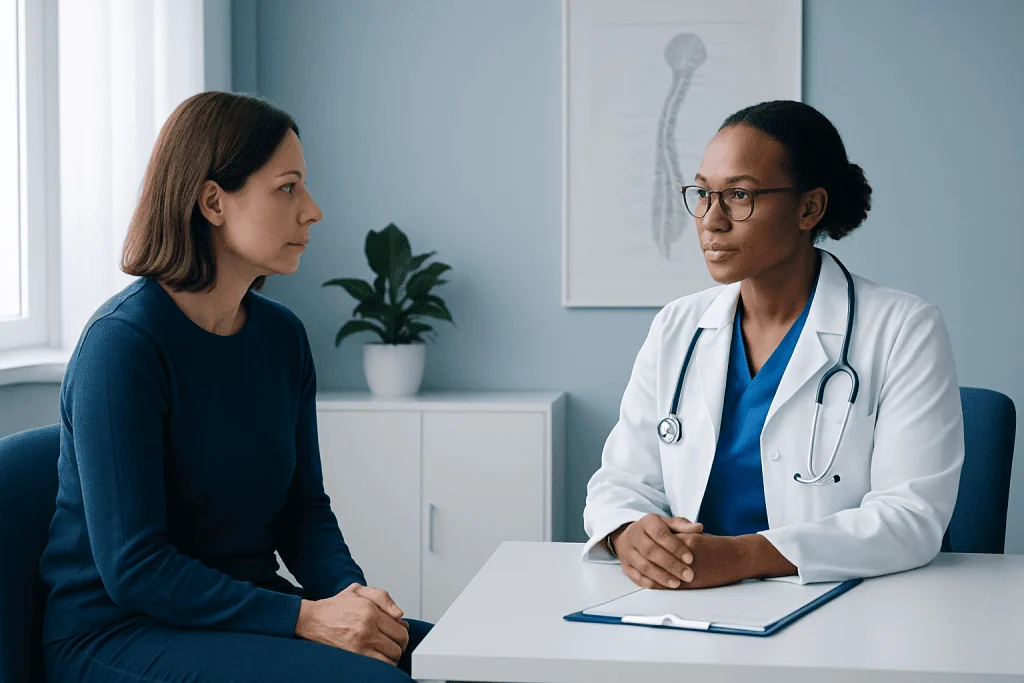 Doctor consulting with patient about neurological symptoms and MRI results.