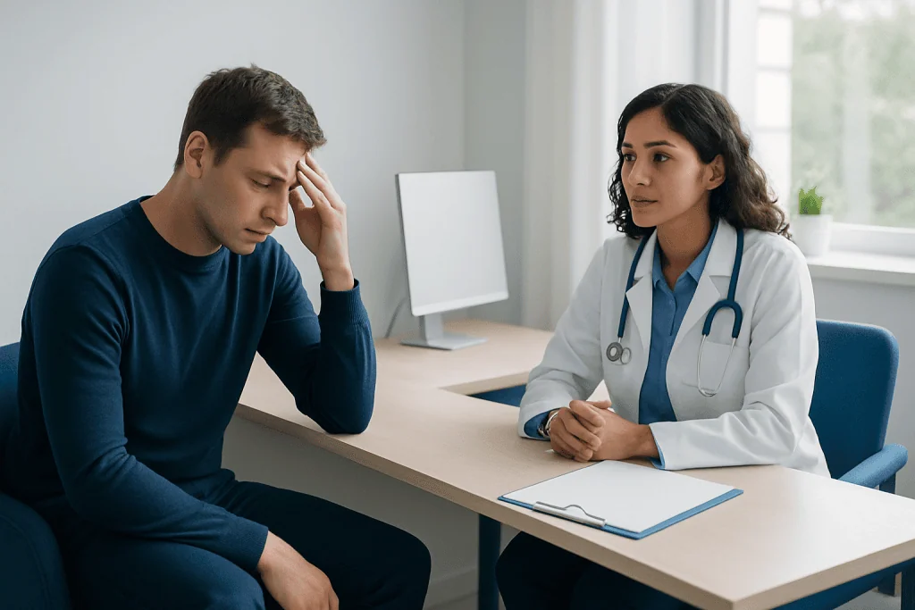 Patient consulting with doctor about neurological symptoms in a clinic setting.