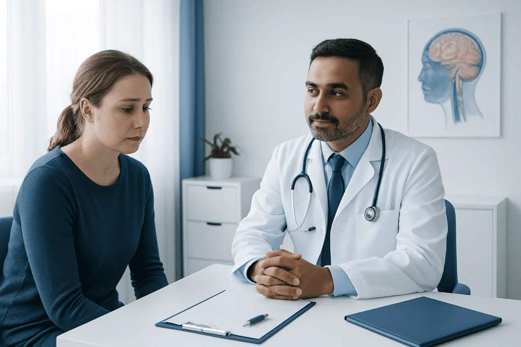 Doctor consulting a patient in a medical office with brain diagram on the wall.