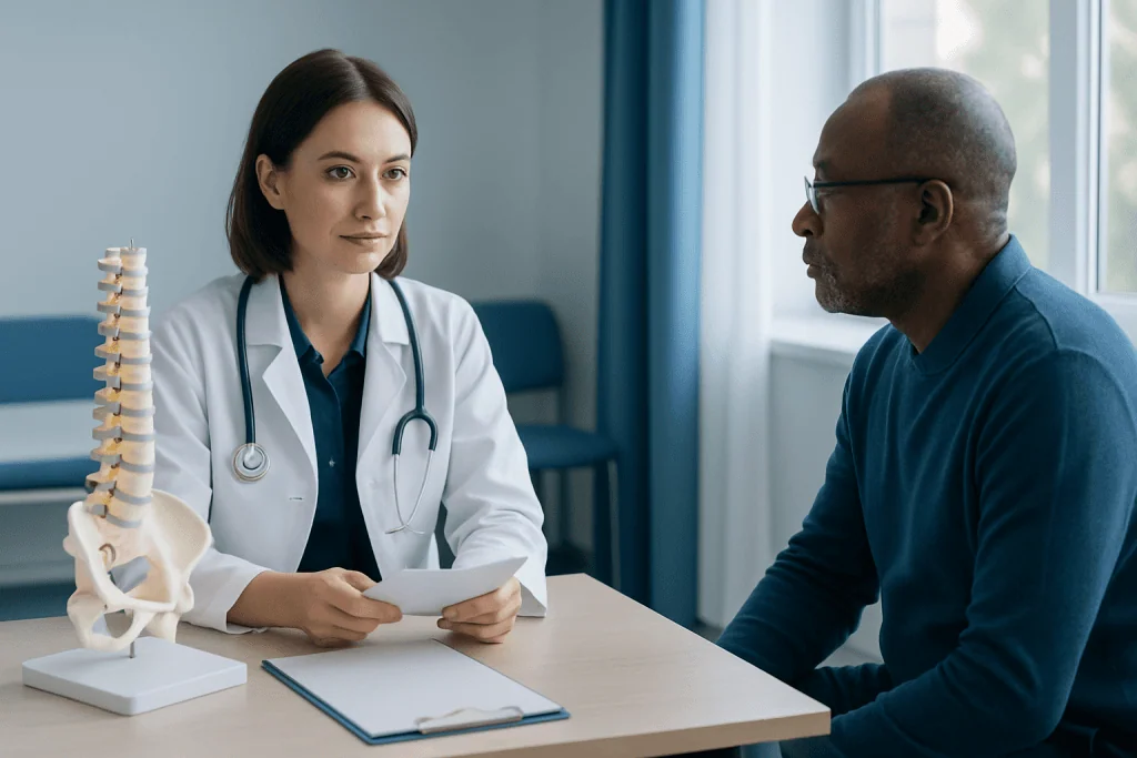 Doctor consulting with patient about spinal health and symptoms.