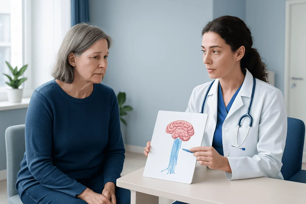 Doctor explaining brain and spinal cord connection to patient.