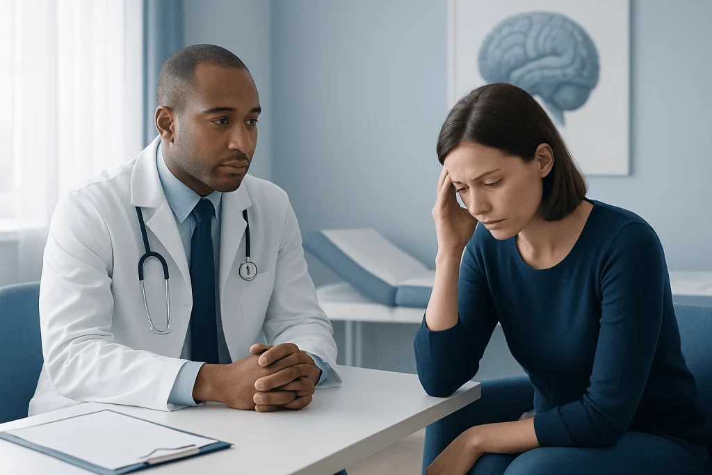 Doctor consulting with a patient experiencing headache symptoms in a medical office.
