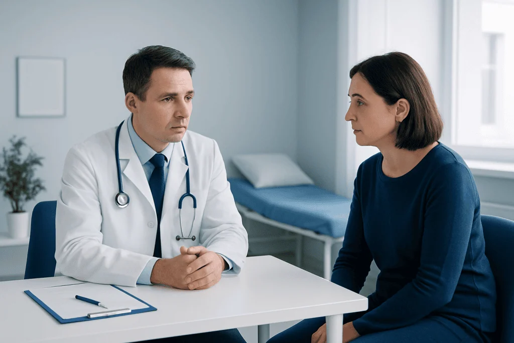 Doctor consulting a female patient in a medical office setting.