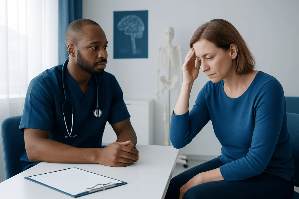 Doctor consulting with a patient about neurological symptoms in a clinic setting.