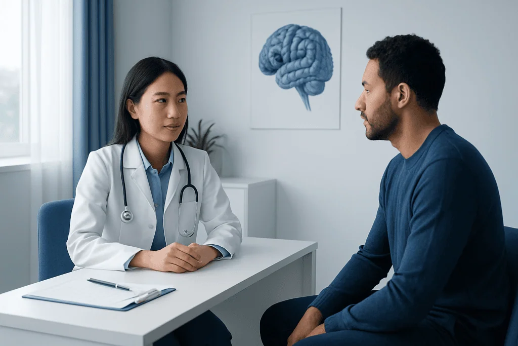 Doctor consulting patient in neurology clinic with brain diagram in background.