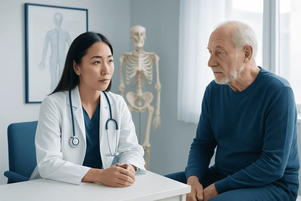 Doctor consulting elderly patient in a medical office with skeleton model in background.