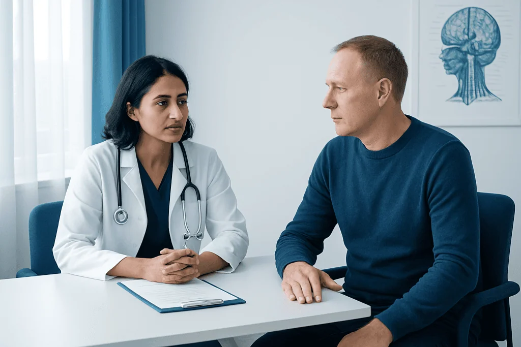Doctor consulting with a male patient in a medical office.