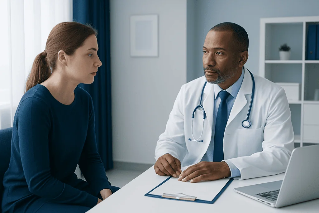 Doctor consulting with a young woman in a medical office setting.