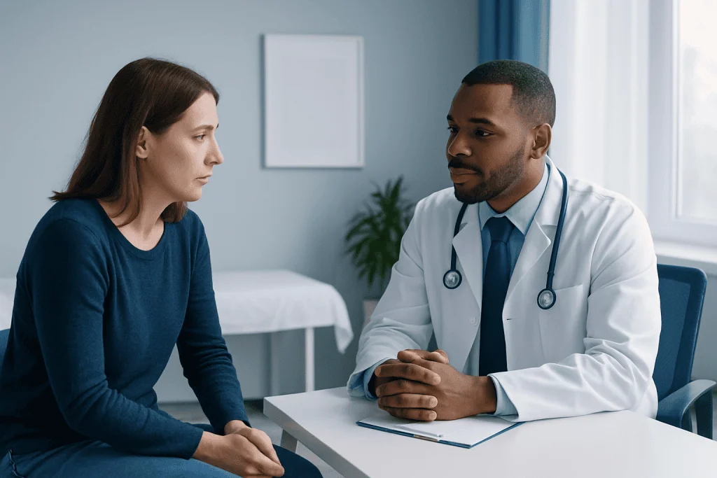 Doctor consulting with a female patient in a medical office.