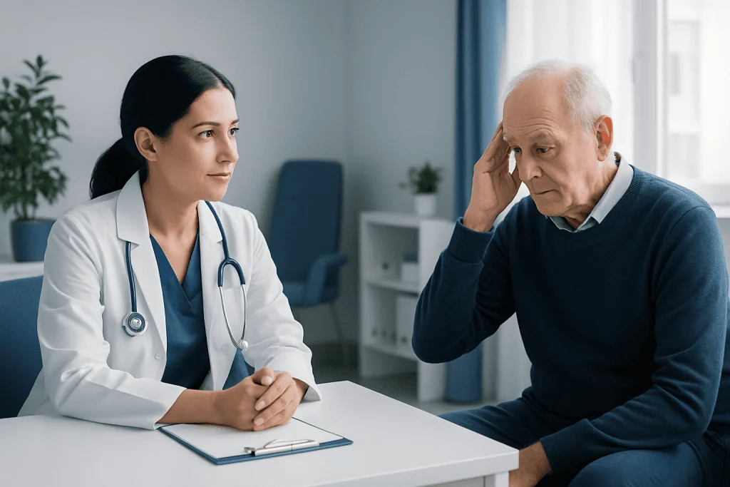 Doctor consulting with elderly patient about neurological health.