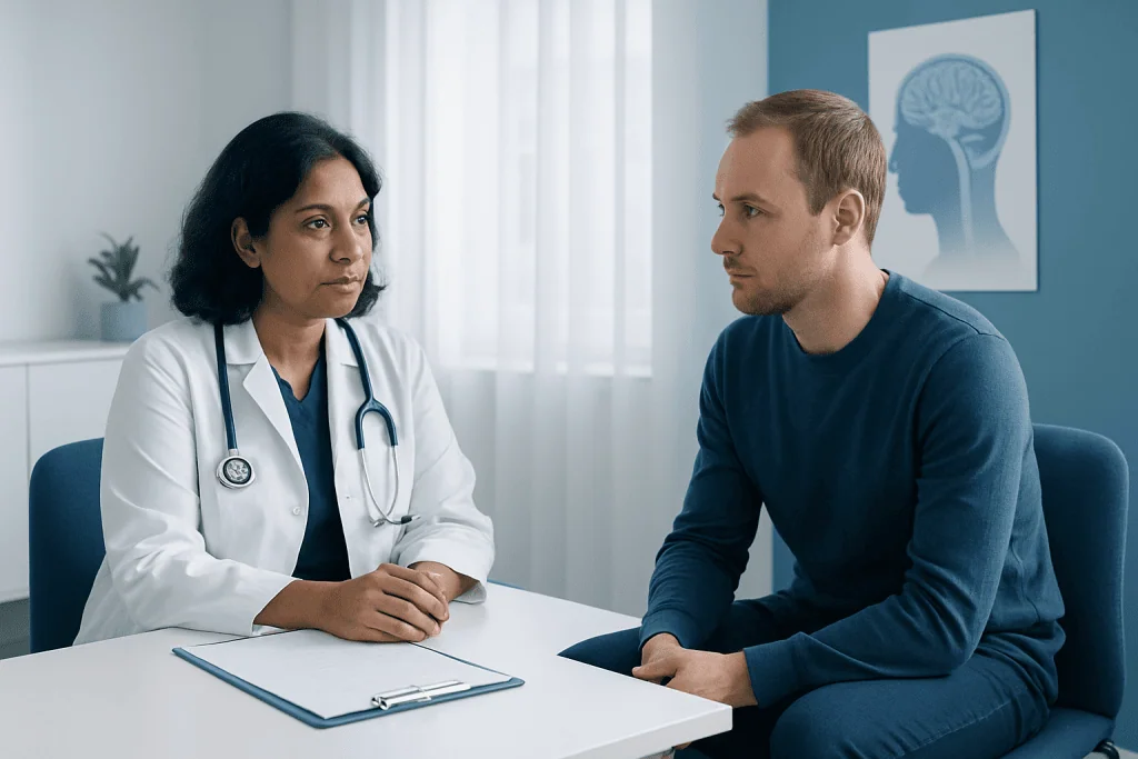 Doctor consulting with patient in a medical office setting.