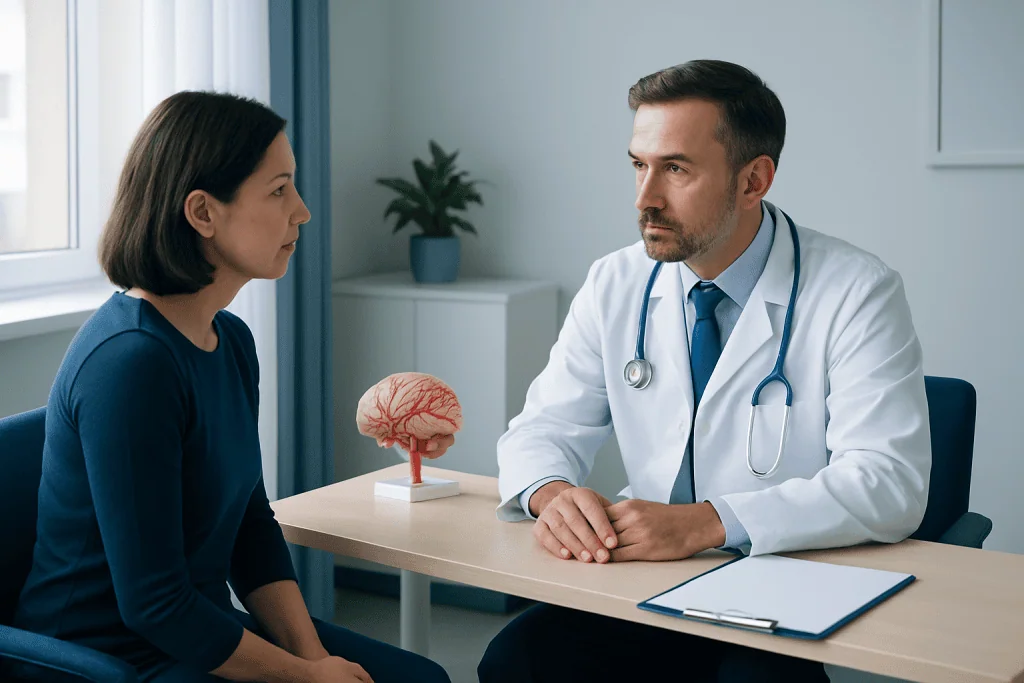 Doctor consulting patient about brain health and aneurysm risks.