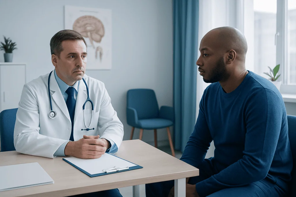Doctor consulting with patient in a medical office setting.