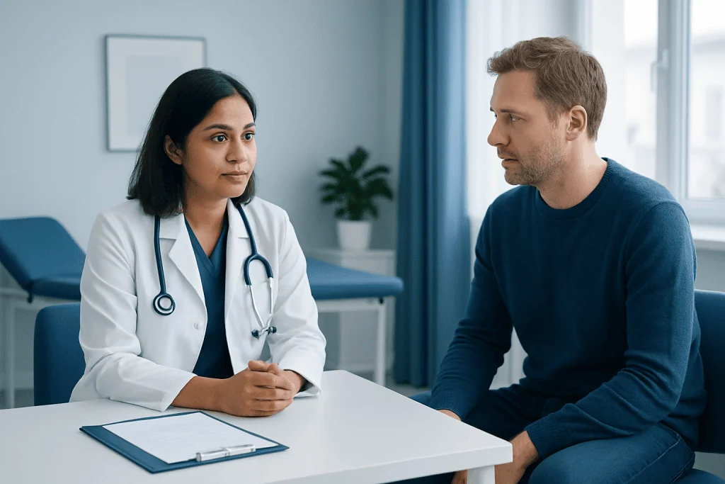 Doctor consulting with male patient in a medical office setting.