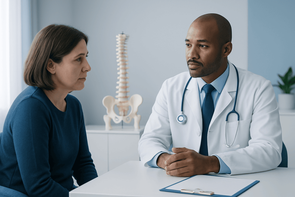 Doctor consulting with a female patient in a medical office.