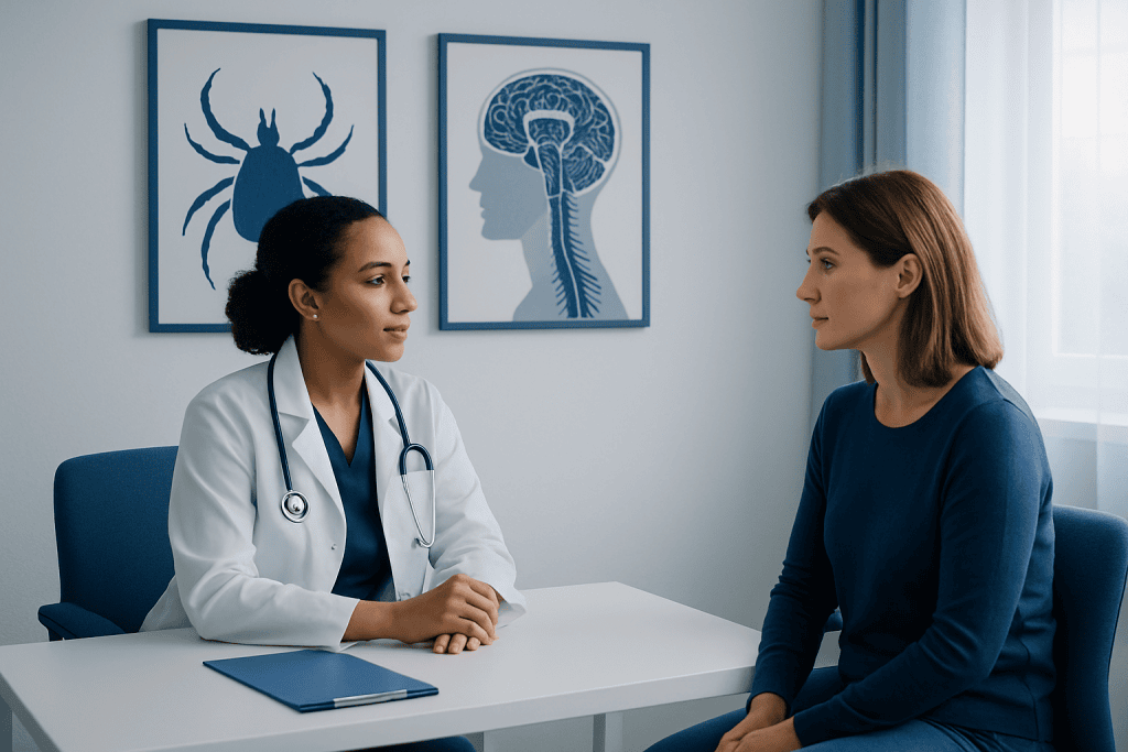 Doctor consulting with patient in a medical office with neurological posters.