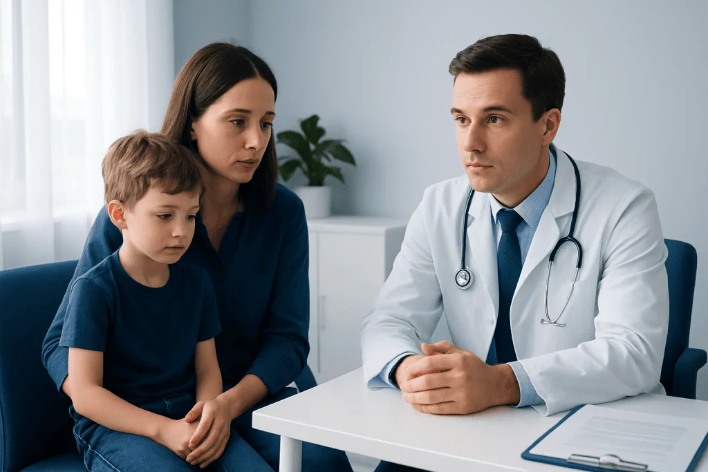Pediatric consultation for seizures at Acibadem Hospital with doctor and mother with child.