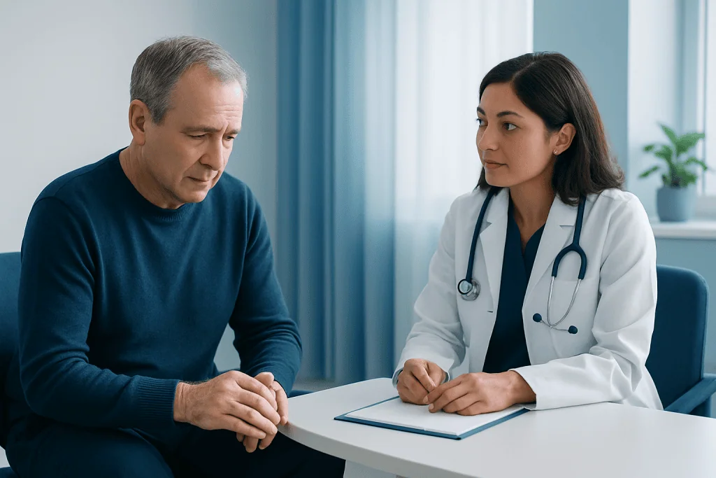 Doctor consulting with an elderly patient in a medical office.