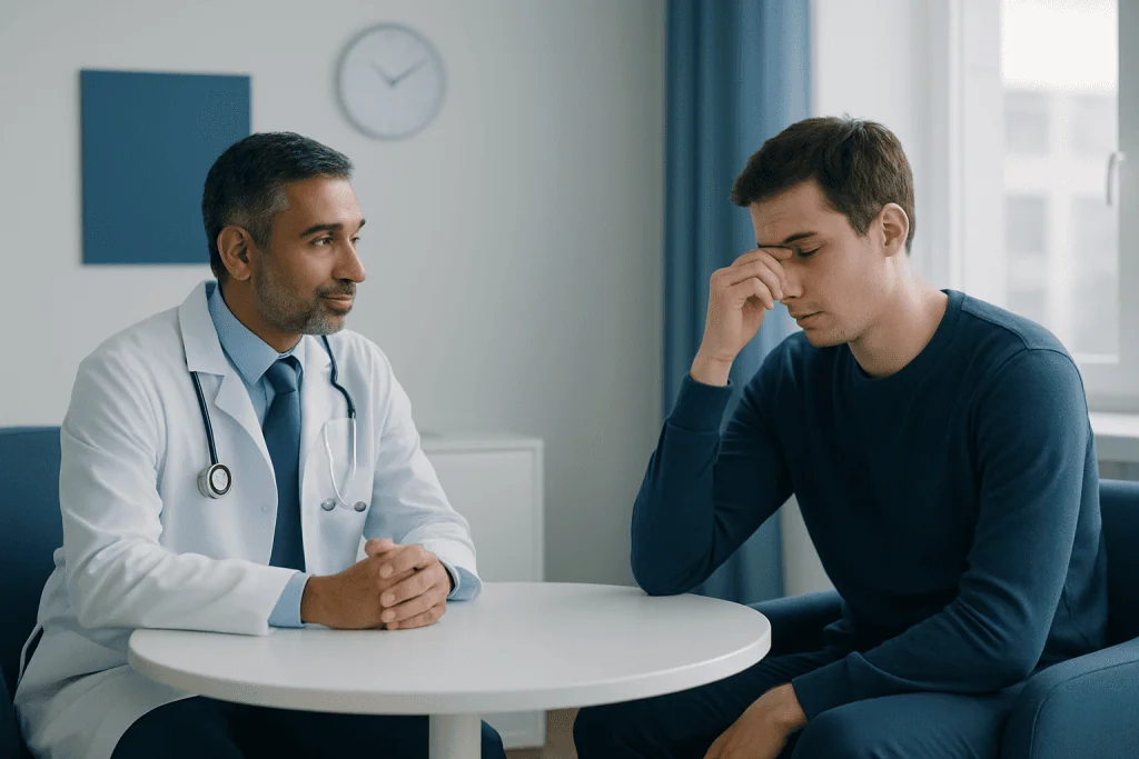 Doctor consulting with a young male patient about sleep issues in a clinic.