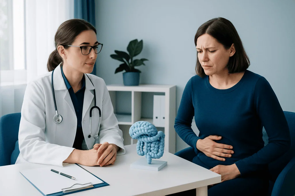 Doctor consulting patient about gut health and digestive issues.