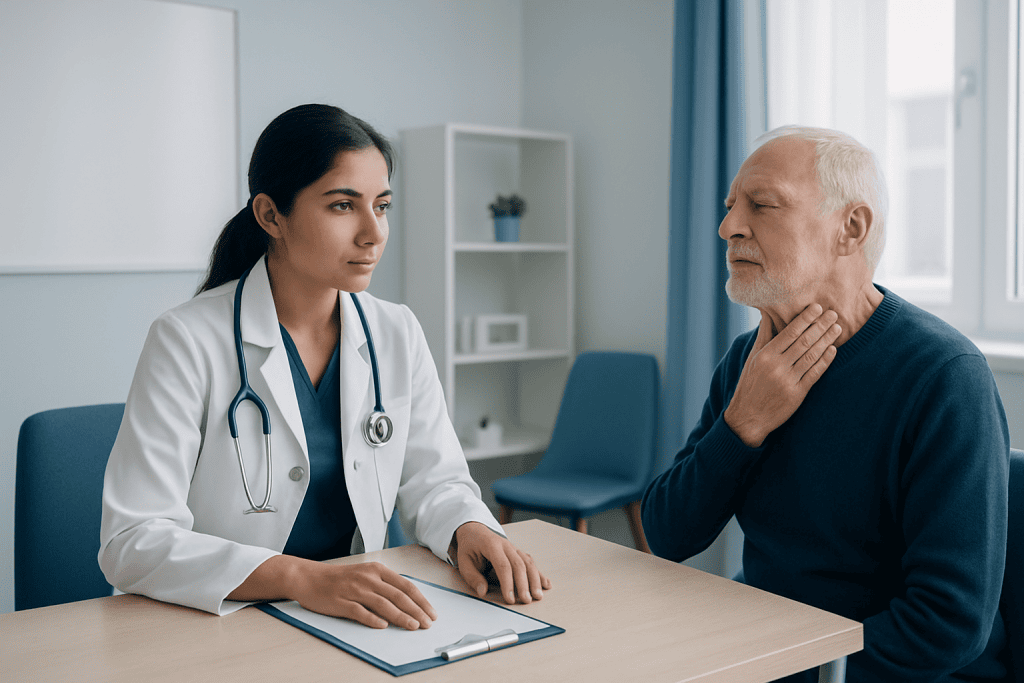 Doctor consulting elderly patient about swallowing issues in a clinic.