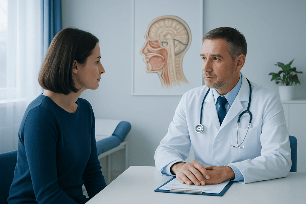 Doctor consulting patient about neurological symptoms in clinic.