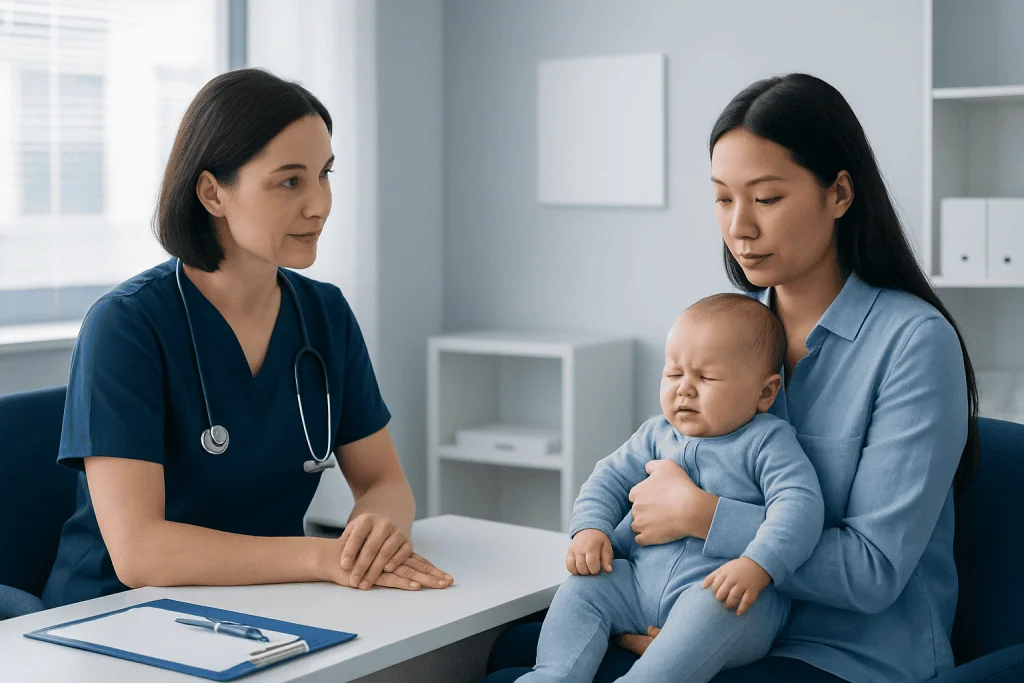 Pediatric consultation for tear duct issues in a hospital setting.