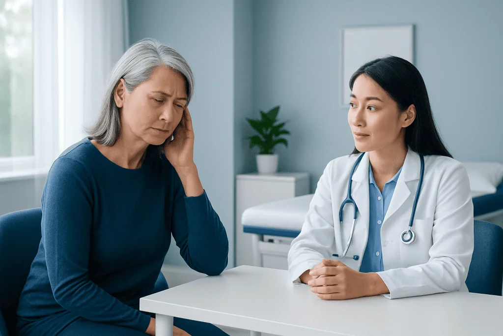 Doctor consulting with an older woman in a medical office setting.