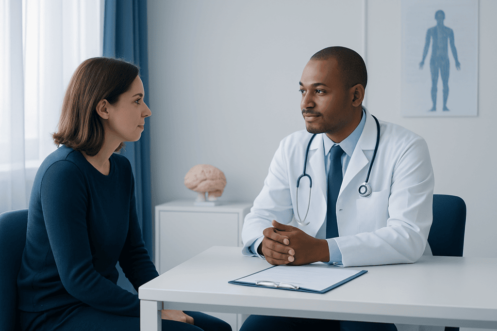 Doctor consulting with a female patient in a medical office.