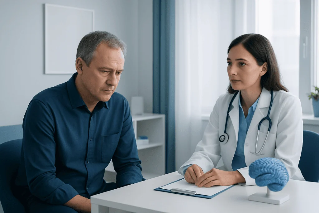 Doctor consulting with a patient in a medical office at Acibadem Hospitals.