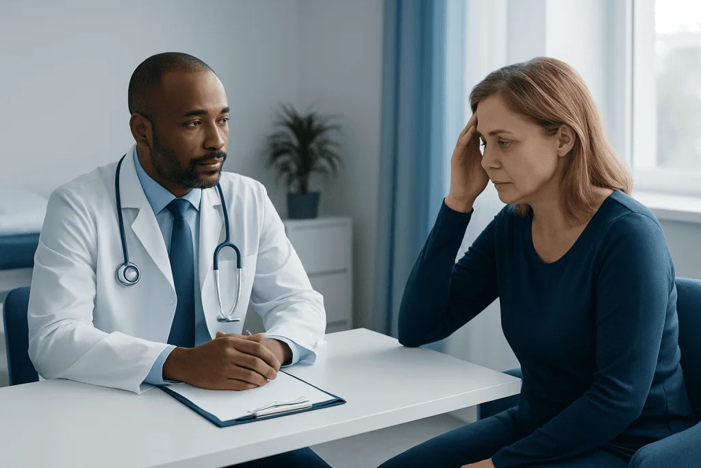 Doctor consulting with a female patient about unexplained fainting symptoms.