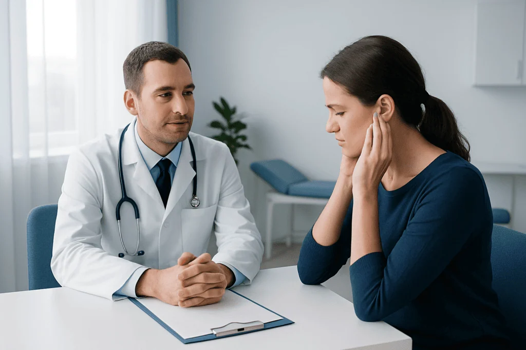 Doctor consulting with a patient about pulsatile tinnitus symptoms.