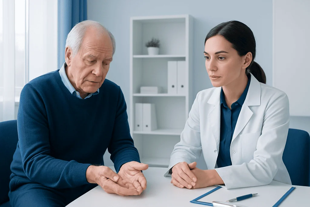 Doctor consulting elderly patient about tremor treatment options.