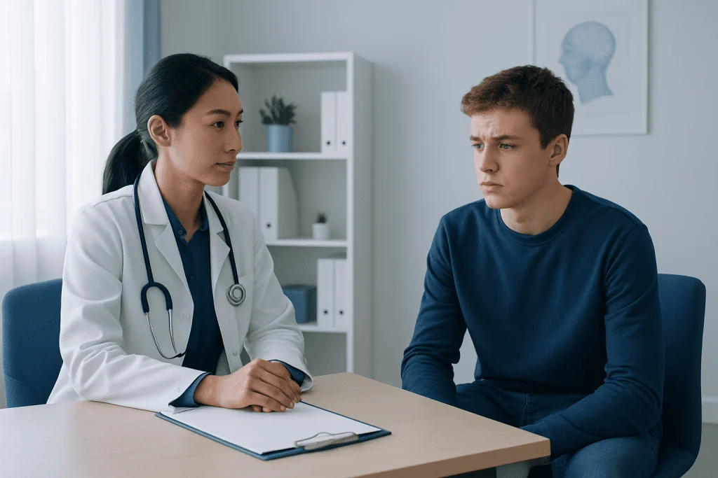 Doctor consulting with a young male patient in a medical office.