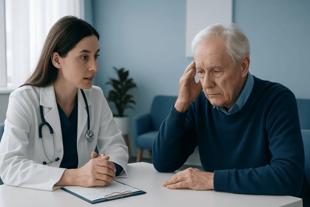 Doctor consulting with elderly patient about health concerns in a clinic.