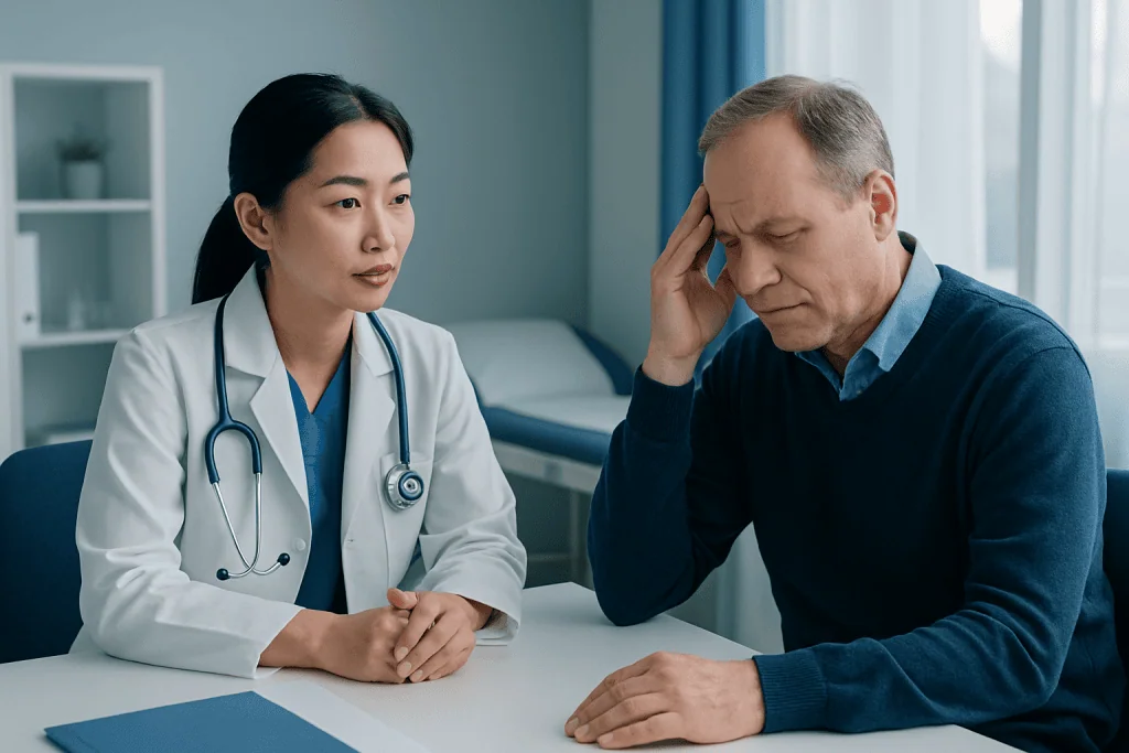 Doctor consulting with a patient experiencing dizziness in a medical office.