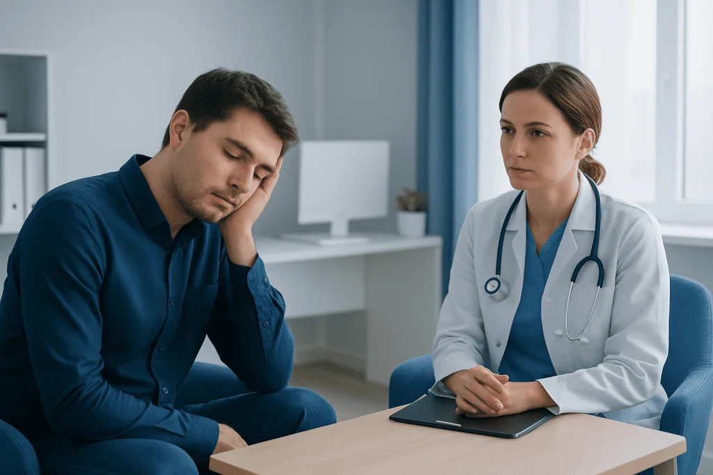 Patient consulting with doctor about sleep issues at Acibadem Hospital.