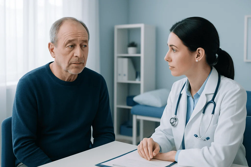Doctor consulting with an older male patient in a medical office.